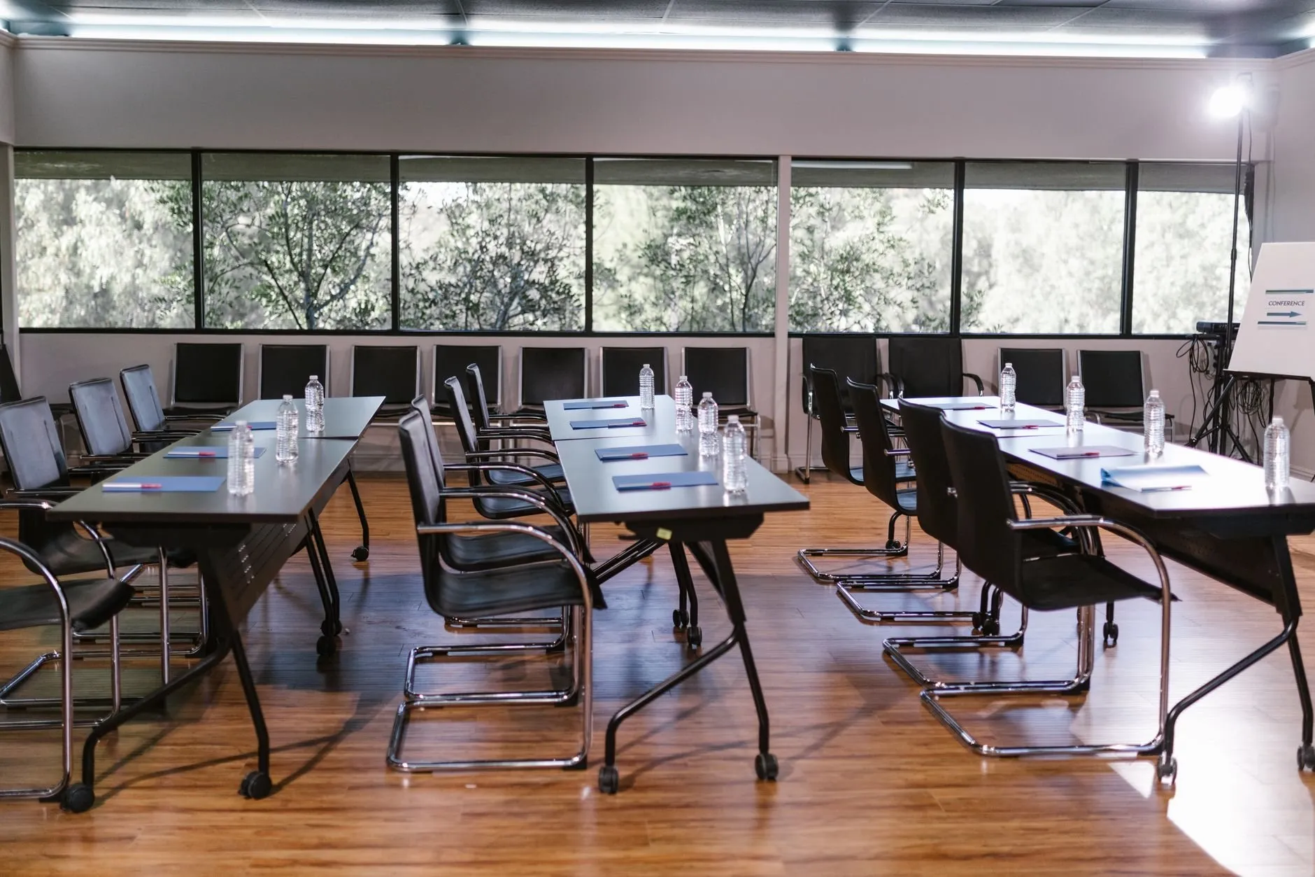 Our workshop room set for a client day: rows of tables with blue folders and water, windows onto trees